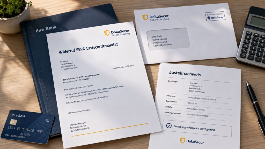 Widerruf eines SEPA-Lastschriftmandats mit Bankunterlagen und Zustellnachweis