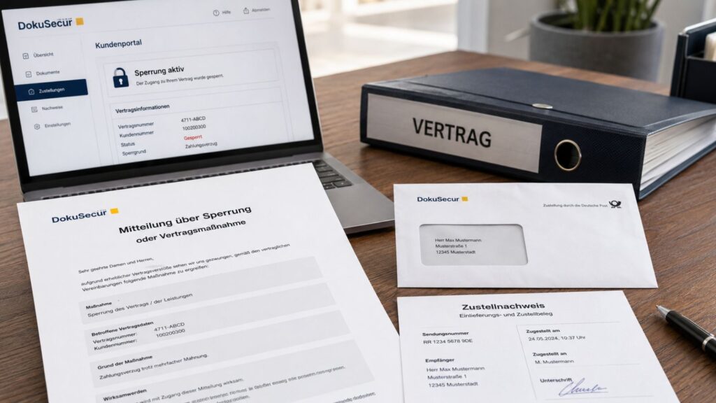 Mitteilung über Sperrung oder Vertragsmaßnahme mit Vertrag, Kundenportal und Zustellnachweis
