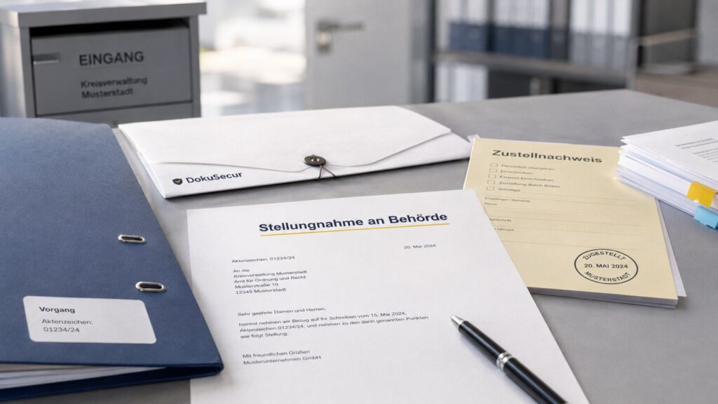Stellungnahme an eine Behörde mit Vorgangsakte, Umschlag und Zustellnachweis