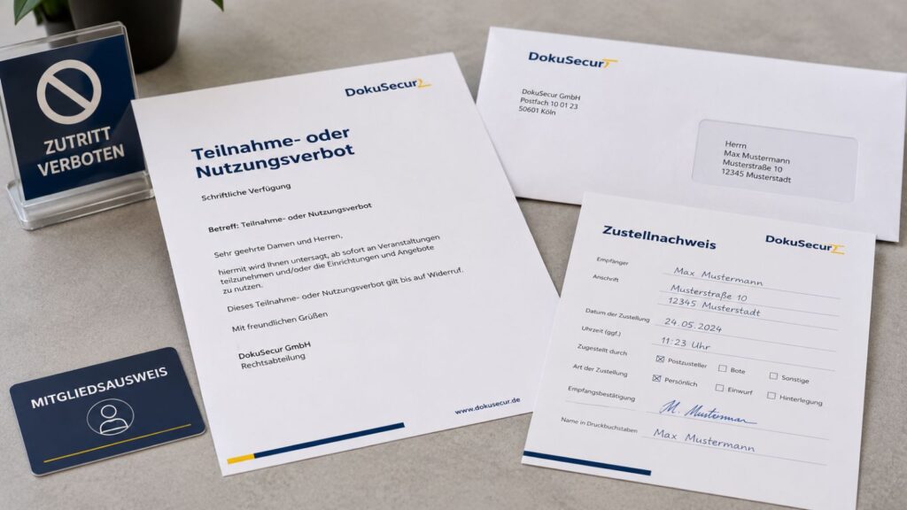 Teilnahme- oder Nutzungsverbot mit Schild, Mitgliedsausweis und Zustellnachweis