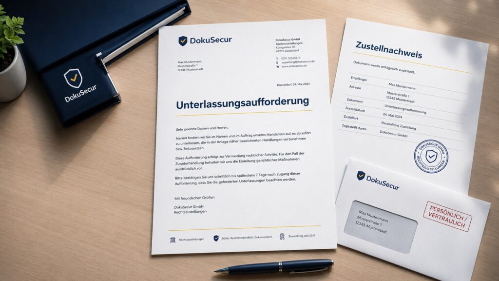 Schriftliche Unterlassungsaufforderung mit Umschlag, Zustellnachweis und Aktenmappe auf einem modernen Schreibtisch