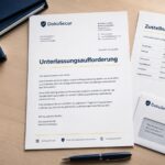 Schriftliche Unterlassungsaufforderung mit Umschlag, Zustellnachweis und Aktenmappe auf einem modernen Schreibtisch