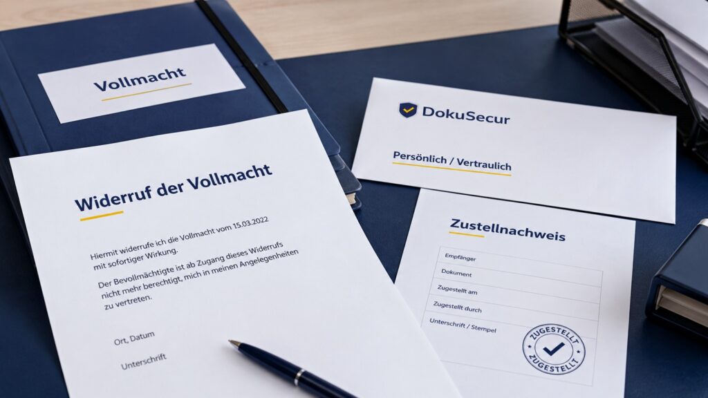 Widerruf einer Vollmacht mit Vollmachtsurkunde, Umschlag und Zustellnachweis als seriöses Beitragsbild