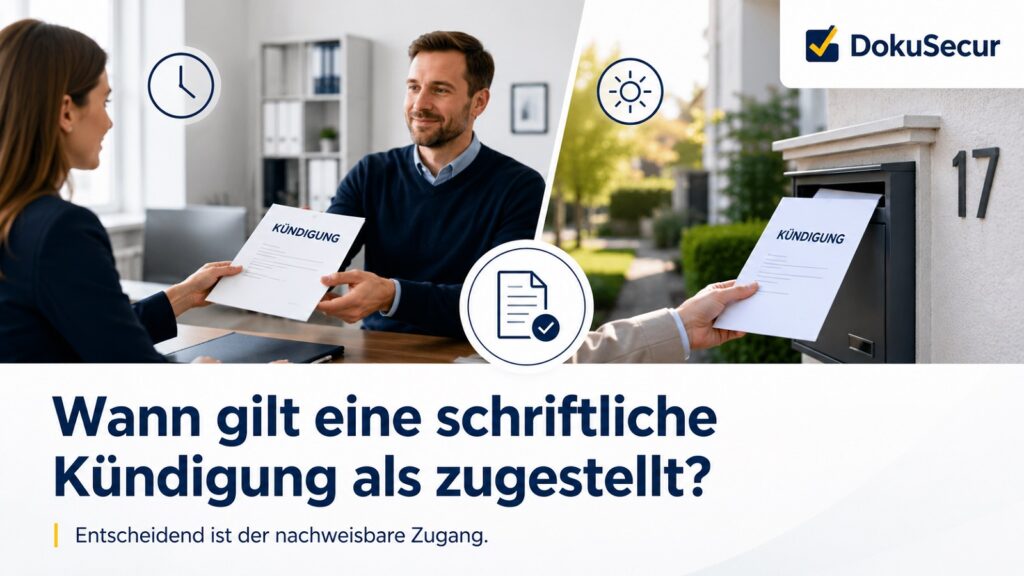 Blogbild zur schriftlichen Kündigung mit persönlicher Übergabe und Briefkasteneinwurf als Beispiele dafür, wann eine Kündigung als zugestellt gilt und der Zugang nachweisbar sein sollte