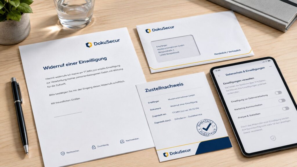Widerruf einer Einwilligung mit Datenschutzunterlagen, Smartphone und Zustellnachweis