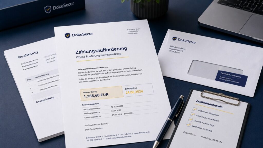 Schriftliche Zahlungsaufforderung mit offener Rechnung, Umschlag und Zustellnachweis auf einem Schreibtisch