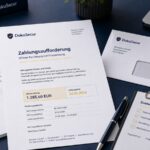 Schriftliche Zahlungsaufforderung mit offener Rechnung, Umschlag und Zustellnachweis auf einem Schreibtisch