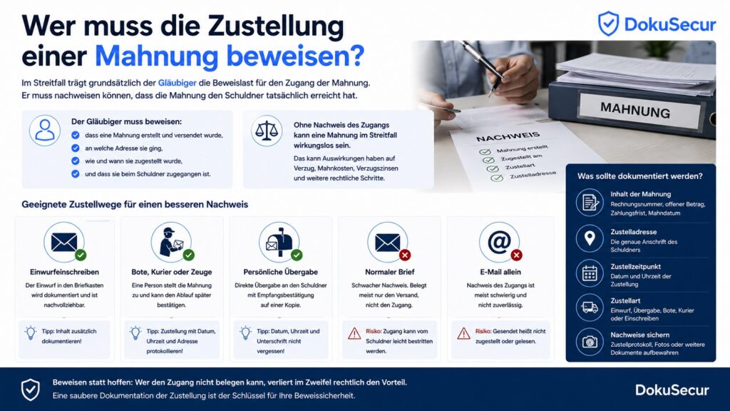 Infografik zur Beweislast bei der Zustellung einer Mahnung mit Hinweisen zu Gläubiger, Zugangsnachweis, Einwurfeinschreiben, Bote, Kurier, persönlicher Übergabe und E-Mail