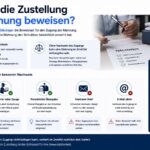 Infografik zur Beweislast bei der Zustellung einer Mahnung mit Hinweisen zu Gläubiger, Zugangsnachweis, Einwurfeinschreiben, Bote, Kurier, persönlicher Übergabe und E-Mail